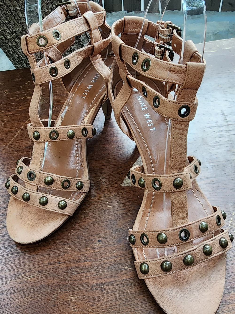 Nine West Tan Leather Gladiator Sandals Studded Caged Strappy Kitten Heel [6]